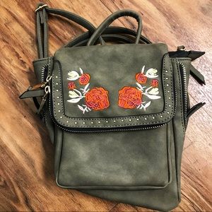 Floral Faux Suede Backpack - Olive Green